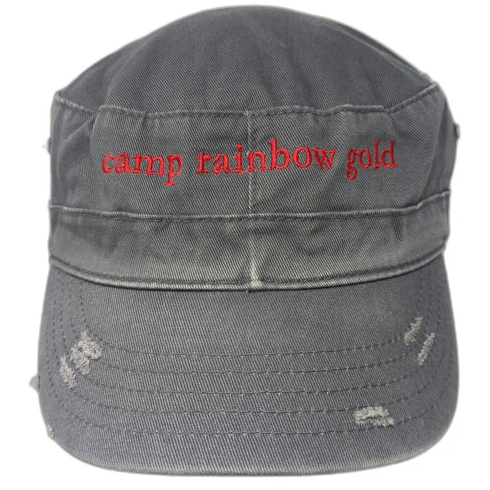 HC Army Cap Gray One Size Distressed Cotton Strapback Camp Rainbow Gold Hat